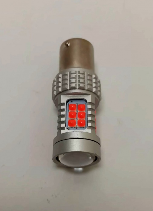 žárovka LED 12V 21W BA15s červená s čočkou 5W